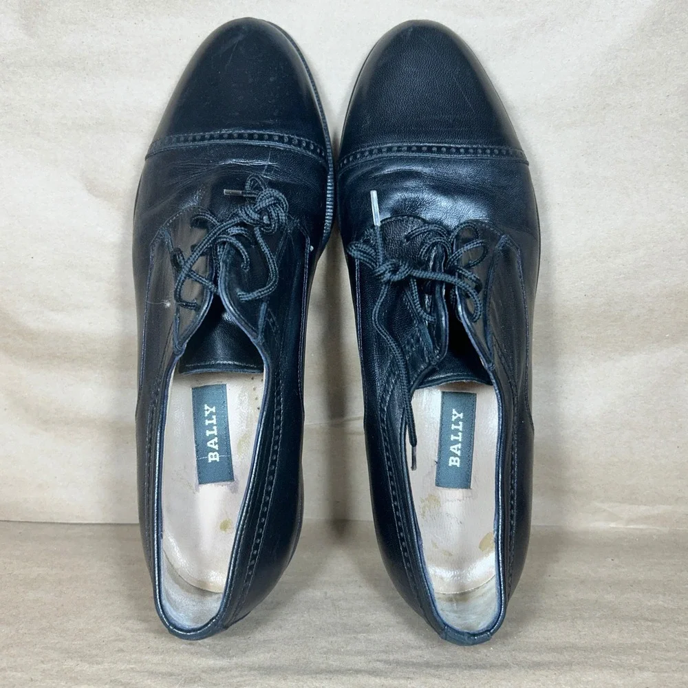 Bally Trino Dress Shoes Mens 9 D Black Solid Leather Cap Toe Oxford Italy
